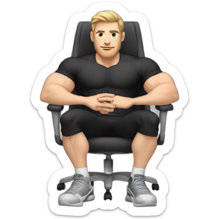 Pale skinned Fit Man With the biceps and dark brown hair in black shirt, gray sports shorts and white Sneakers Sitting on a chair sticker