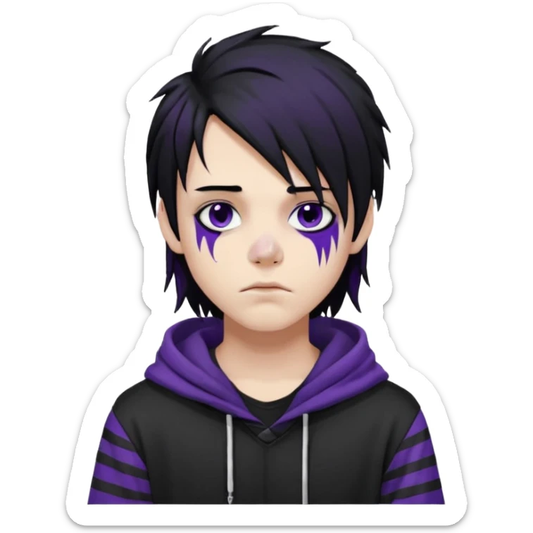 emo teen boy with long one-side messy black hair, dark hoodie with white and purple striped sleeves, piercings on his nose, dark eyeshadow sticker