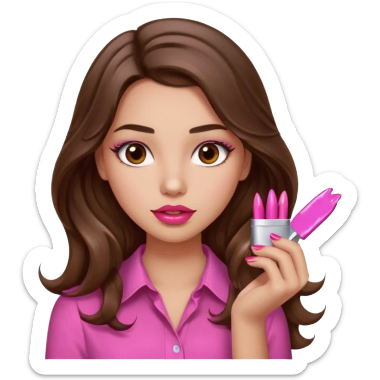 girl with long wavy brown hair, brown eyes, light to medium complexion, in a pink shirt, pink lips, long lashes, puckered lips, showing off painting long nails sticker