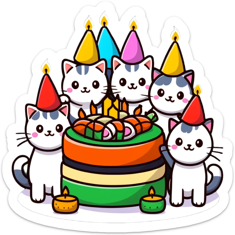 six happy cats wearing colorful party hats celebrating a birthday party around a festive cake made entirely of sushi with candles sticker