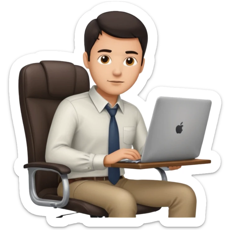 Rich man sitting on a office chair, working at desk, looking to laptop in shirt, dark hair, he is german very beautiful looks like, full body view sticker