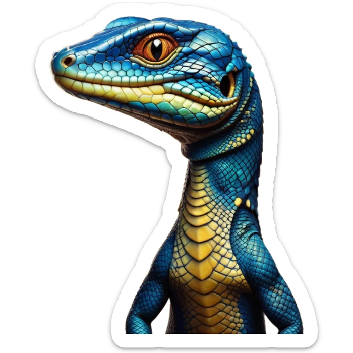 Cinematic Noble Monitor Lizard Portrait Emoji, Poised and regal, with a robust, scaled body exhibiting striking, mottled patterns and piercing, alert eyes, Simplified yet sharp and sophisticated features, highly detailed, glowing with a soft, earthy glow, high shine, intelligent and formidable, stylized with an air of ancient wilderness, focused and commanding, soft glowing outline, capturing the essence of a watchful and confident reptilian guardian that appears ready to stride out of the screen with effortless authority! sticker