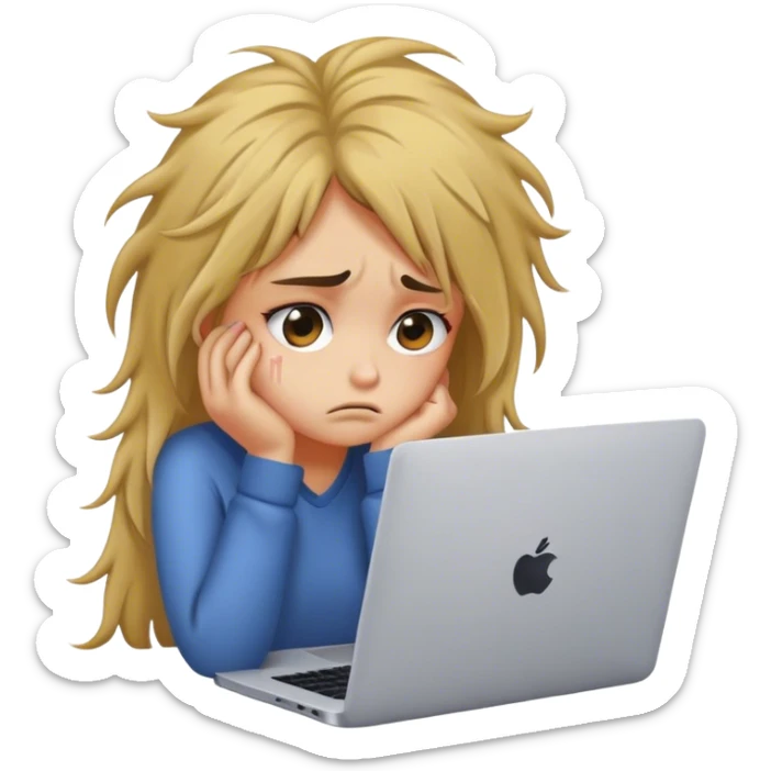 Sad girl sitting in front of a laptop, looking disappointed or tired sticker