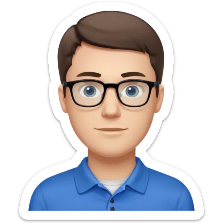 Scott The WozYoung white man, late 20s, short brown hair, blue eyes, clean-shaven, thin black rectangular glasses, slim build, wearing a blue polo shirt, friendly and energetic look. sticker