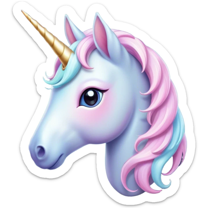 Cinematic Noble Unicorn Pony Portrait Emoji, Poised and graceful, with a delicate, miniature equine build adorned with a soft, pastel color, a tiny, shimmering horn and a silky mane that hints at magical charm, Simplified yet sharp and sophisticated features, highly detailed, glowing with a soft, enchanted glow, high shine, intelligent and spirited, stylized with an air of fairy-tale elegance, focused and poised, soft glowing outline, capturing the essence of a watchful and confident unicorn pony that appears ready to trot out of the screen with graceful magic! sticker