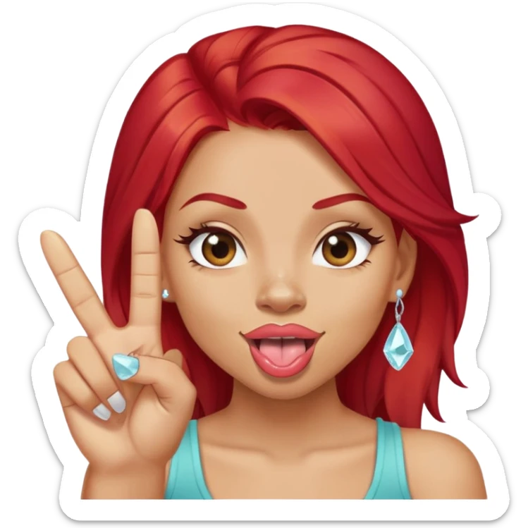light skin girl with red hair, doing a wink and sticking her tongue out, doing rock hand sign and having crystal  sticker