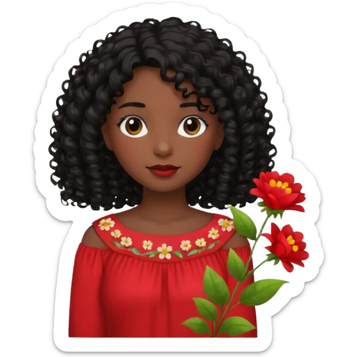 A girl with shoulder-length curly hair, dark skin, and black hair is wearing a red blouse with flowers. sticker
