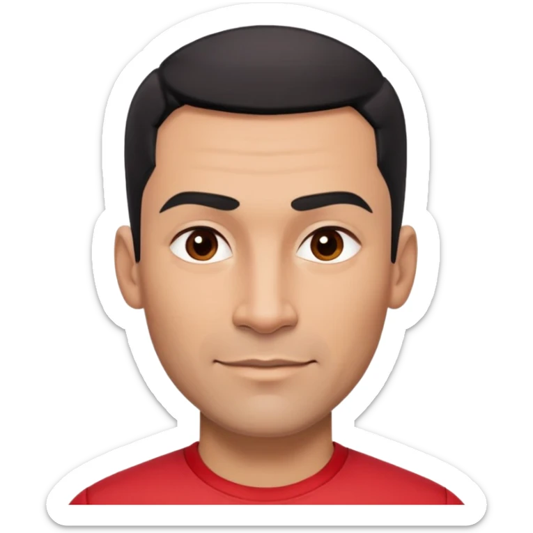 Robust athletic man in his 40s with light brown skin tone, very short black hair with modern fade haircut, strong square face with pronounced cheekbones, thick eyebrows, wide nose, medium lips with friendly smile, wearing red fitted athletic shirt sticker