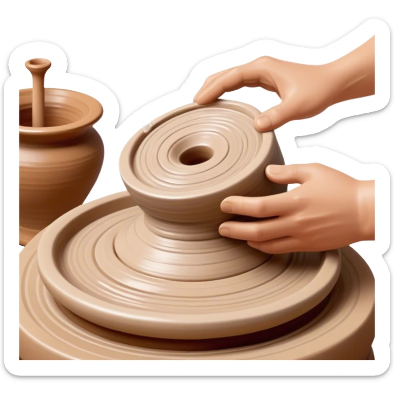 Cinematic Realistic image of a ceramic pottery wheel in action, with skilled hands shaping wet clay into a graceful form, featuring intricate details of swirling textures and gentle water splashes, illuminated by soft, artisanal lighting sticker