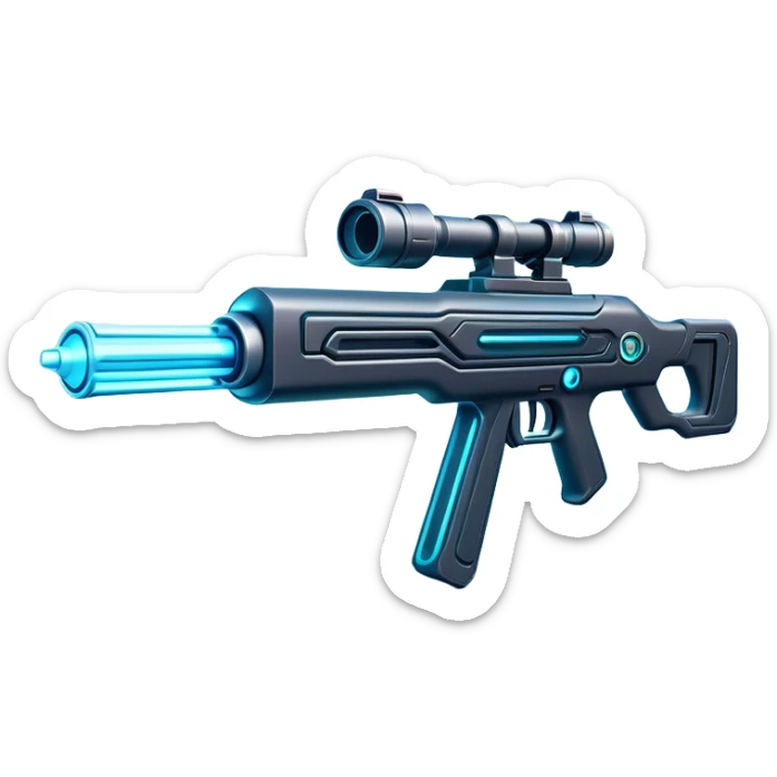 Clash of Clans aesthetic: Cinematic Playful Laser Rifle Emoji, rendered in a 3D vector-style similar to standard emojis with minimal shading and bold, simplified shapes. A compact, sleek energy weapon with futuristic contours and a glowing barrel, softly glowing with a sci-fi battle charm. Simplified yet unmistakably iconic, highly detailed and consistent, glowing with a soft pulsating radiance and high shine. Stylized with a touch of cosmic engineering and a soft glowing outline, capturing the essence of a cutting-edge energy armament with a playful, dynamic aura! sticker