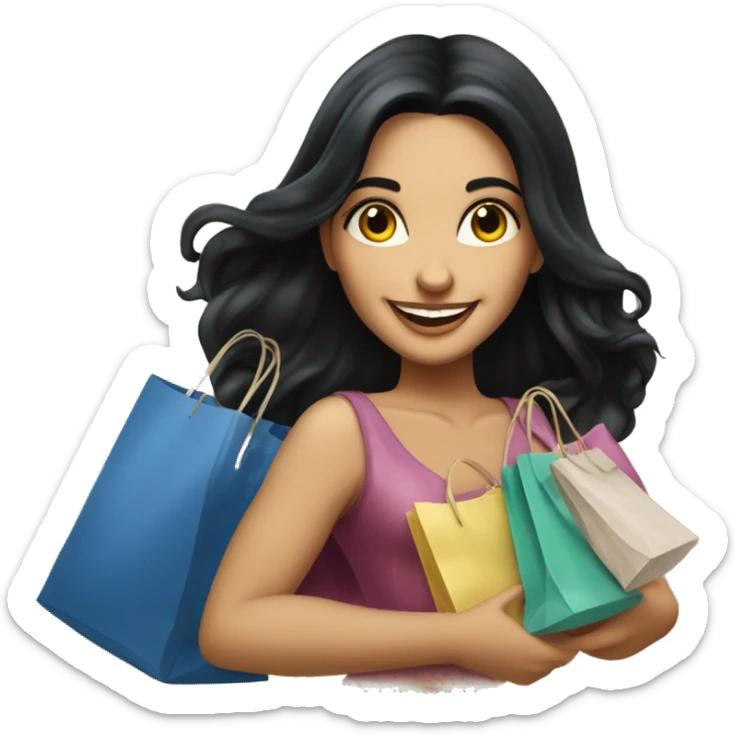 Tanned beautiful italian woman with long black hair smiling and holding bags shopping, luxury realism sticker