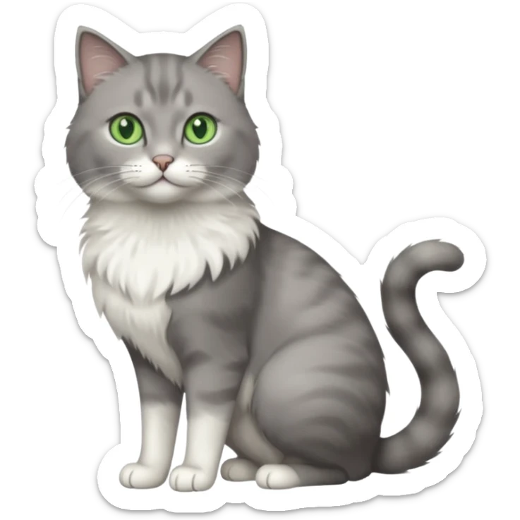full body view of beautiful female grey cat with green eyes, white toes and white chest sticker