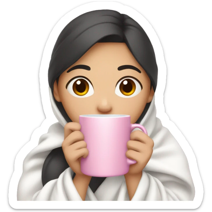 Asian girl with dark hair wearing a white blanket and holding a pink mug sticker