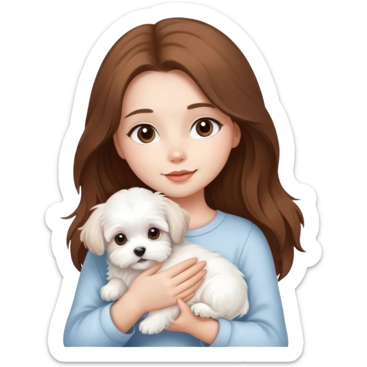 beautiful girl with long hair holding a fluffy white Maltese puppy sticker