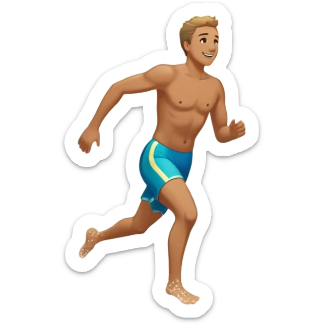 A white man running into the ocean, paisaje embracing the waves and the moment. The sun shines warmly, and the water sparkles, symbolizing the joy of creating fun and appreciating life’s simple moments. Their footprints in the sand fade as they fully immerse themselves in the present. sticker