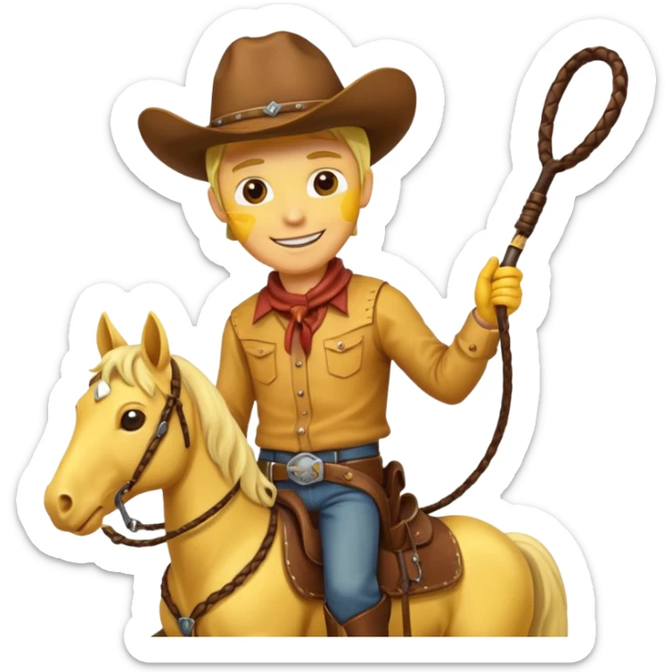 Cowboy riding a horse with whip. With yellow skin and smilling. Simplize it and I need a full pic with horse. Like I need the leg part too sticker