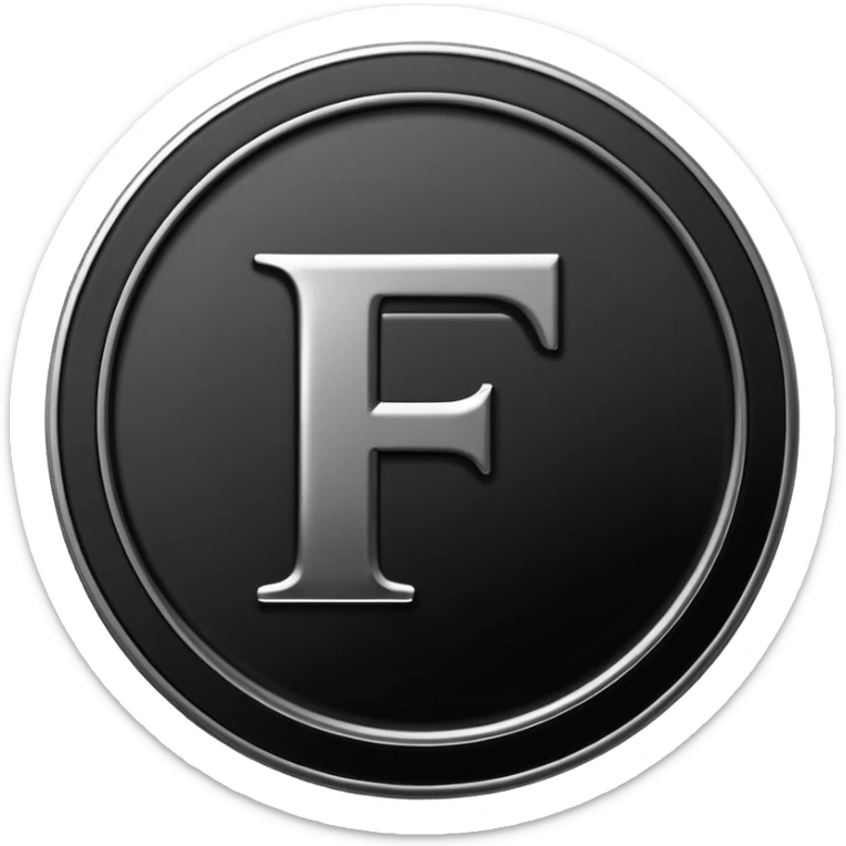 Emoji icon of a black coin with engraved letter F, minimalist style, isolated, no color sticker