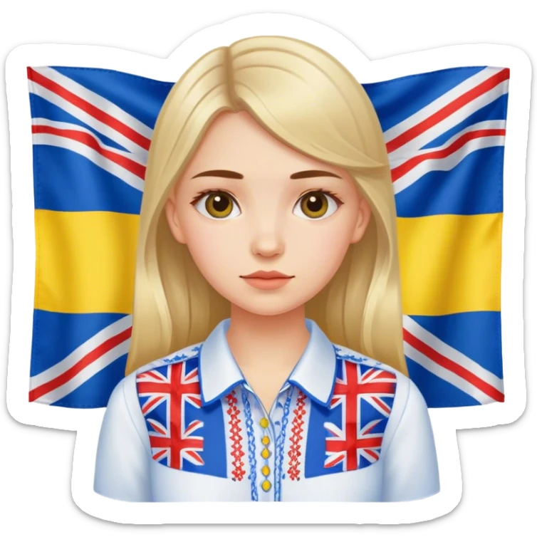 Ukrainian girl in an embroidered shirt against the background of the British flag sticker