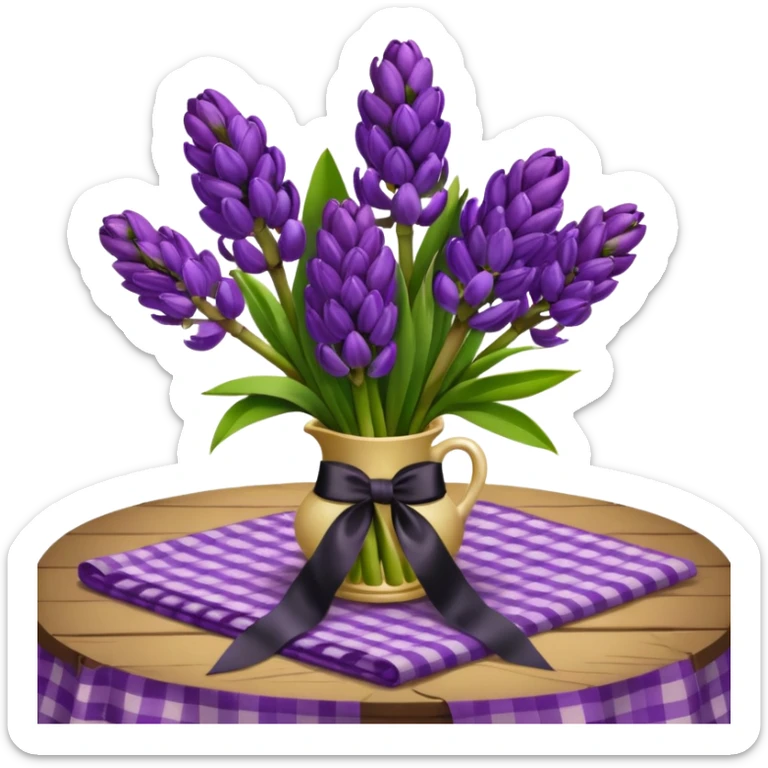A lush bouquet of bright prple color Hyacinths black satin ribbon, resting on an antique wooden table, with a pale yellow and pink plaid pattern table cloth sticker