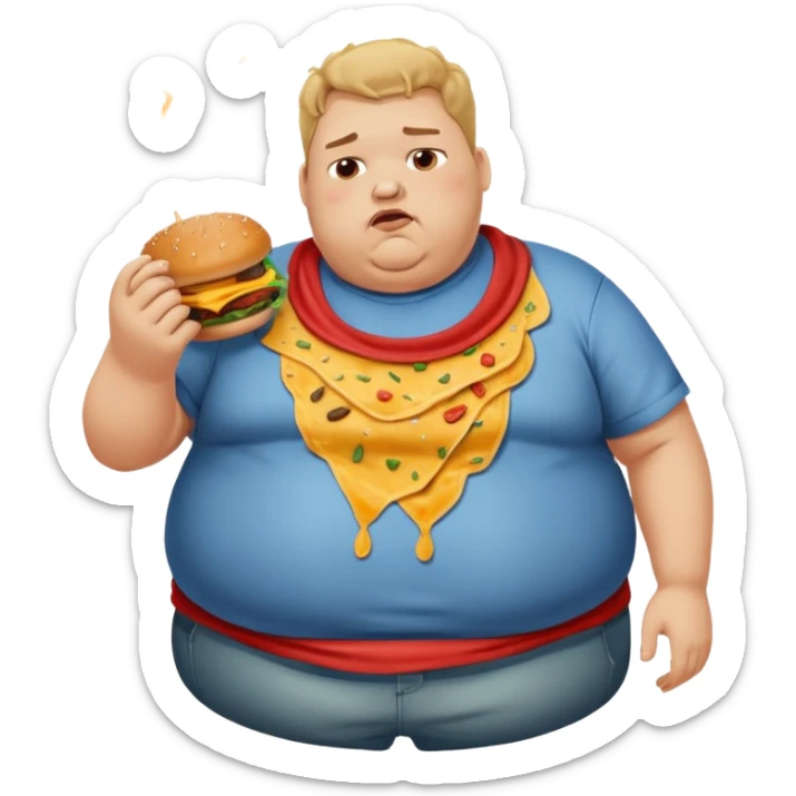 obese man eating burgers with ripped shirt and farting sticker