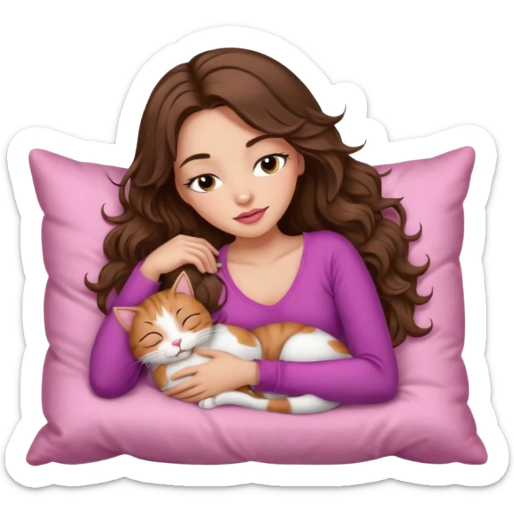 girl with long wavy brown hair, brown eyes, long lashes makeup, sexy pink lips, light to medium complexion,  sleeping on a cozy pillow, with 6 cats, sleeping sticker