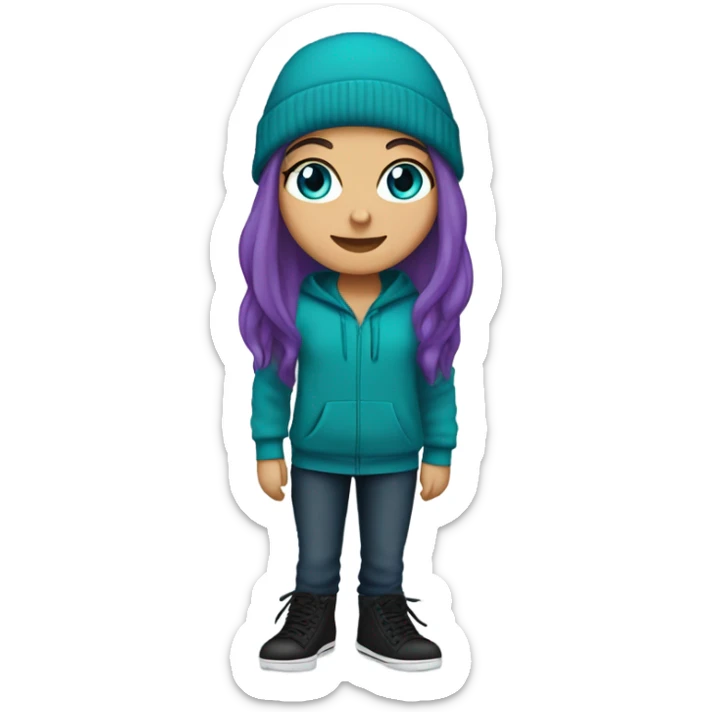 White girl, blue eyes, long teal hair, purple beanie hat, black hoodie, blue jeans, black shoes sticker