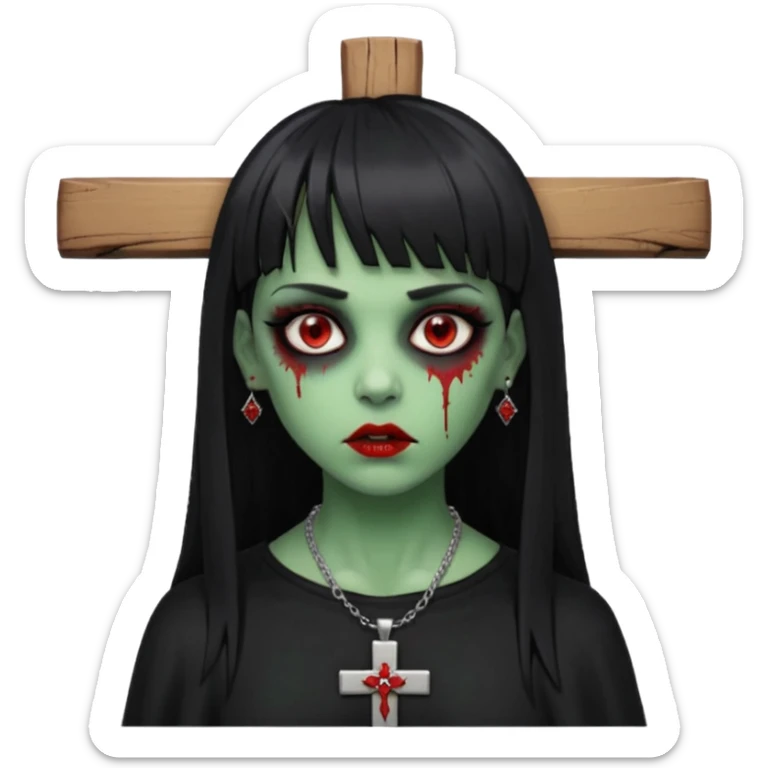 zumbi verde com olhos vermelhos sangrando e franja roupa preta e um crucifixo como colar, sem ser na testa e um piercing no nariz bem feminino a franja reta também  sticker