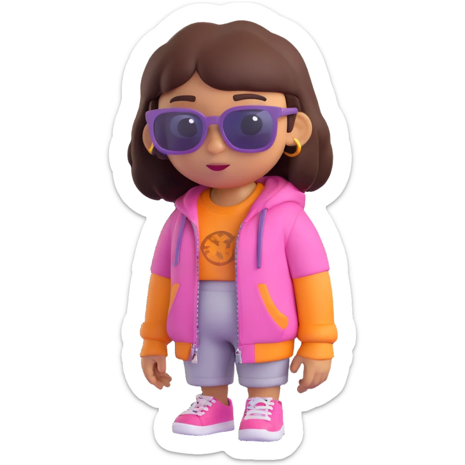 Dora the Explorer as a thug, 3D emoji style, sunglasses, streetwear, tough expression sticker