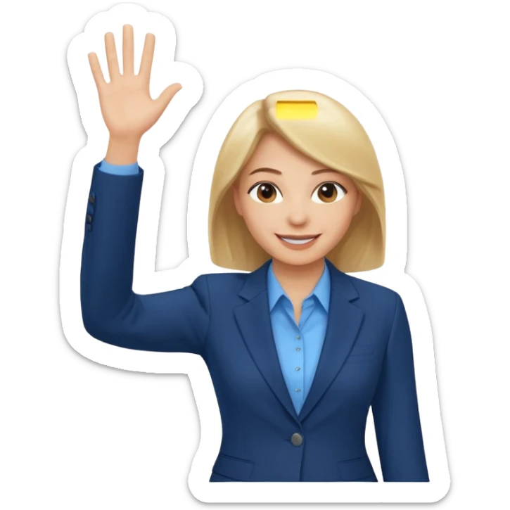 Make emoji of business woman with light skin and medium blonde hair in a dark blue business suit and light blue shirt waiving to new clients sticker