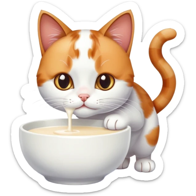 Eine Katze auf einem weißen Holzboden trinkt aus ihrem Milchnapf und hat an ihrer Nase einen Milch tropfen sticker