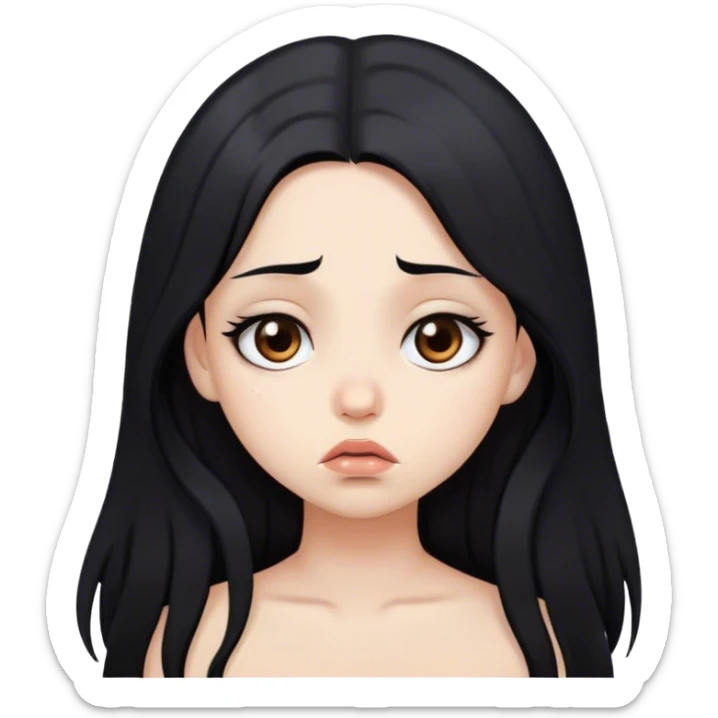sad girl with long black hair and brown eyes and white skin pouting sticker