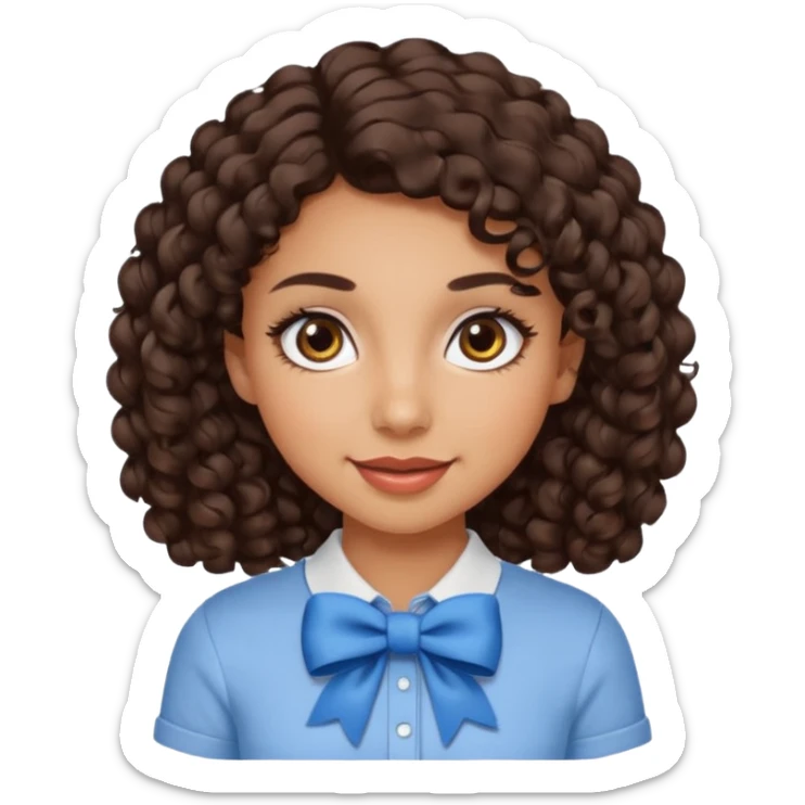 Do a Curly haired girl with dark brown hair, brown eyes, medium tan skin, big eyes and big lashes, with thin lips and add a shirt with a bow sticker