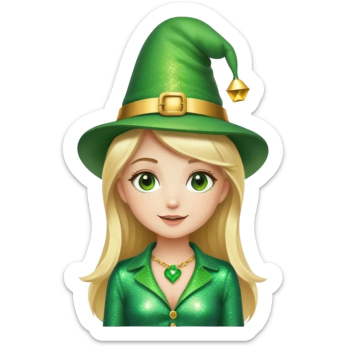 Blonde haired girl in glittery green bell bottoms and tall leprechaun hat sticker