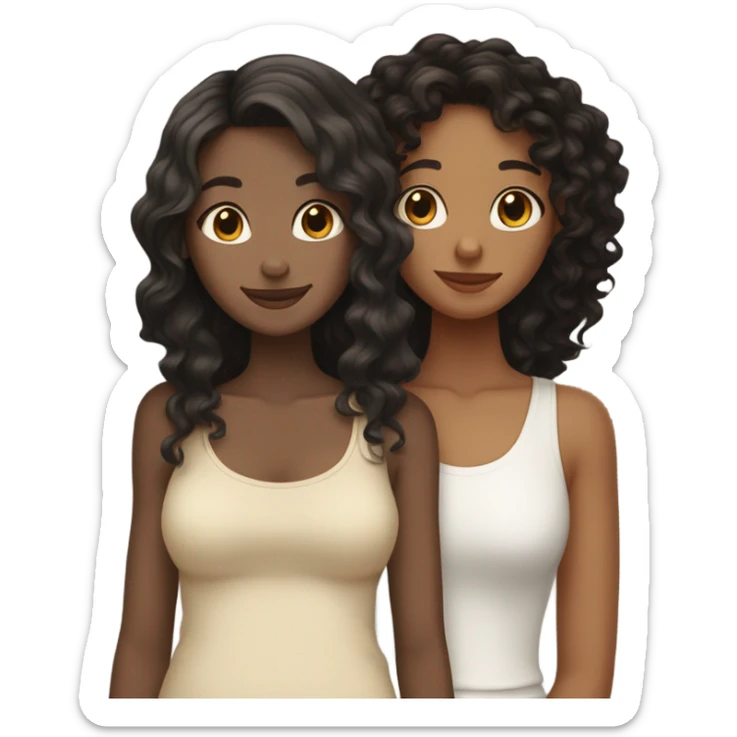 Tall white girl with wavy black hair hugging a tall tan girl with curly dark brown hair sticker