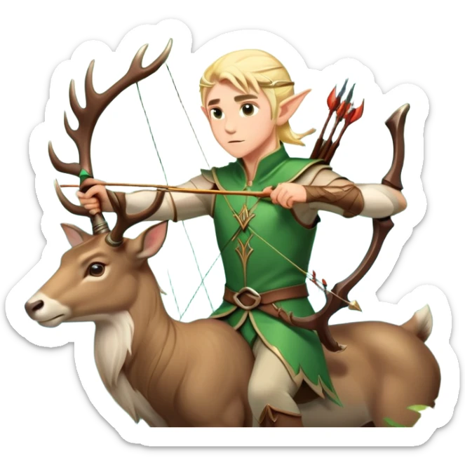 clash-of-clans-aesthetic-blond-male elf-archer-portrait-emoji, rendered in a flat, vector-style with minimal shading and bold holding his bow, simplified shapes, head tilted slightly forward with a determined, focused expression, riding a majestic stag whose antlers glow with mystical energy, set against an ancient, enchanted forest backdrop. sticker