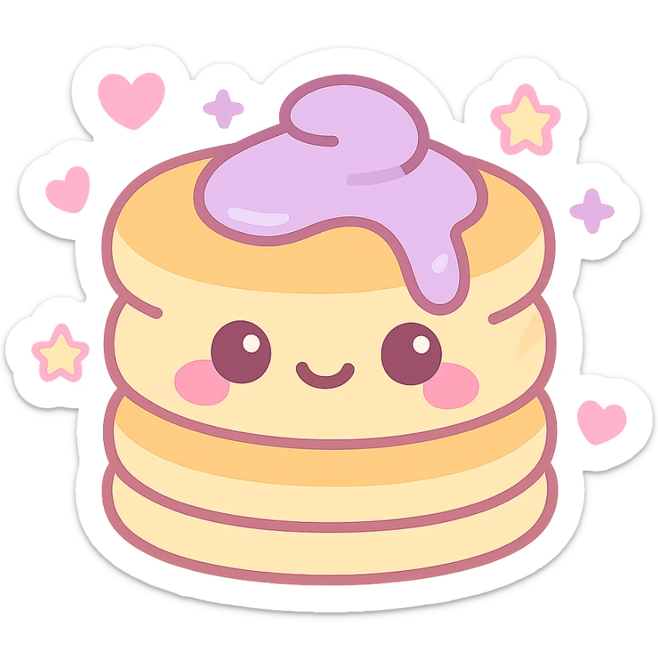 aesthetic pancake, girly teen vibe, pastel pinks and purples, kawaii face, hearts and stars sticker
