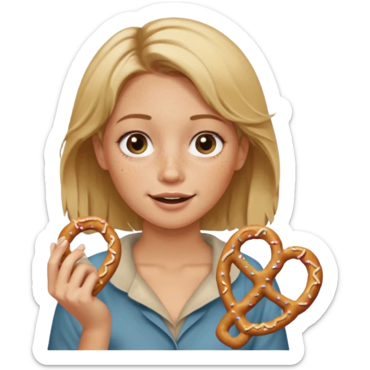 Short, center part, Dirty blond hair, fair skin with freckles,  holding pretzels and winking her eye sticker