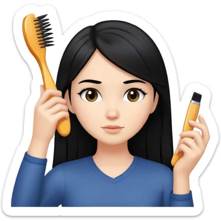 Una chica blanca con pelo negro lacio cepillándose el pelo sticker