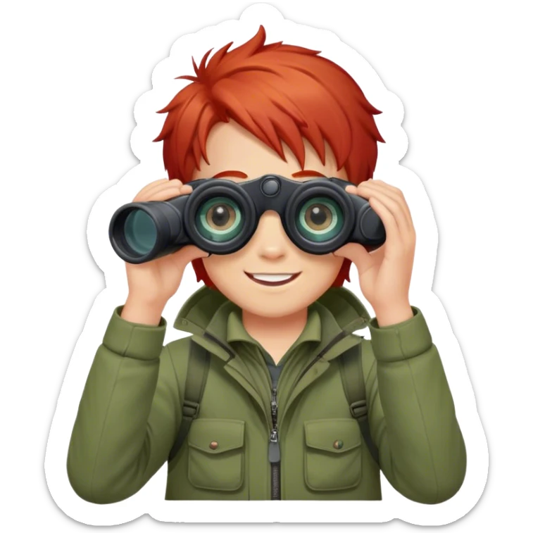smiled boy's outdoor clothes whit red hair with binocular and white background  sticker