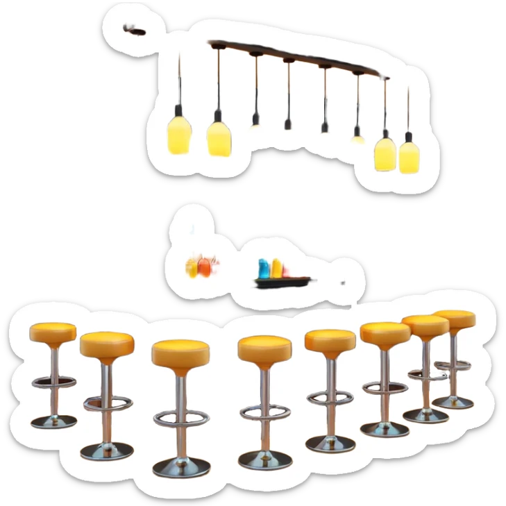 A 3D cartoon bar interior with a counter, glowing shelves of colorful bottles, tall stools, and hanging lights, warm ambient lighting, realistic reflections, Memoji-style. Photo Frame. Negative : Transparent. sticker