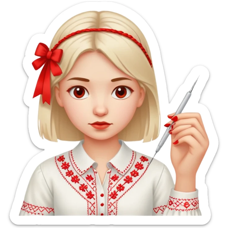 A young Ukrainian girl in a white embroidered shirt holds a red thread and a needle in her hand sticker