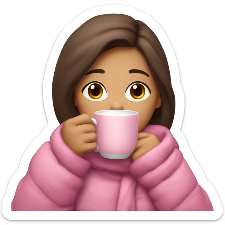 Brunette brown eyed girl sipping hot cocoa with pink warmclothes sticker