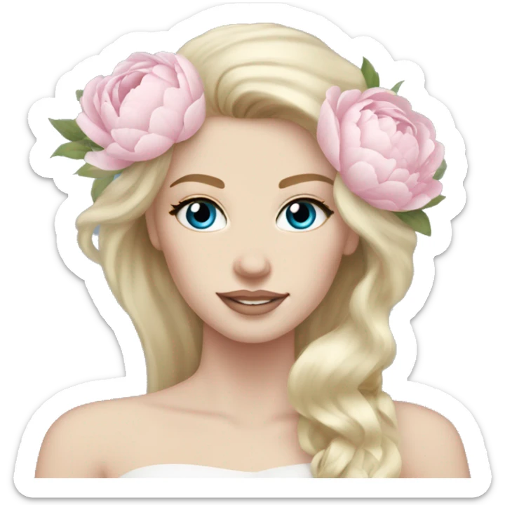 White bride with long light blonde hair and blue eyes with light pink peonies in hair white skin  sticker