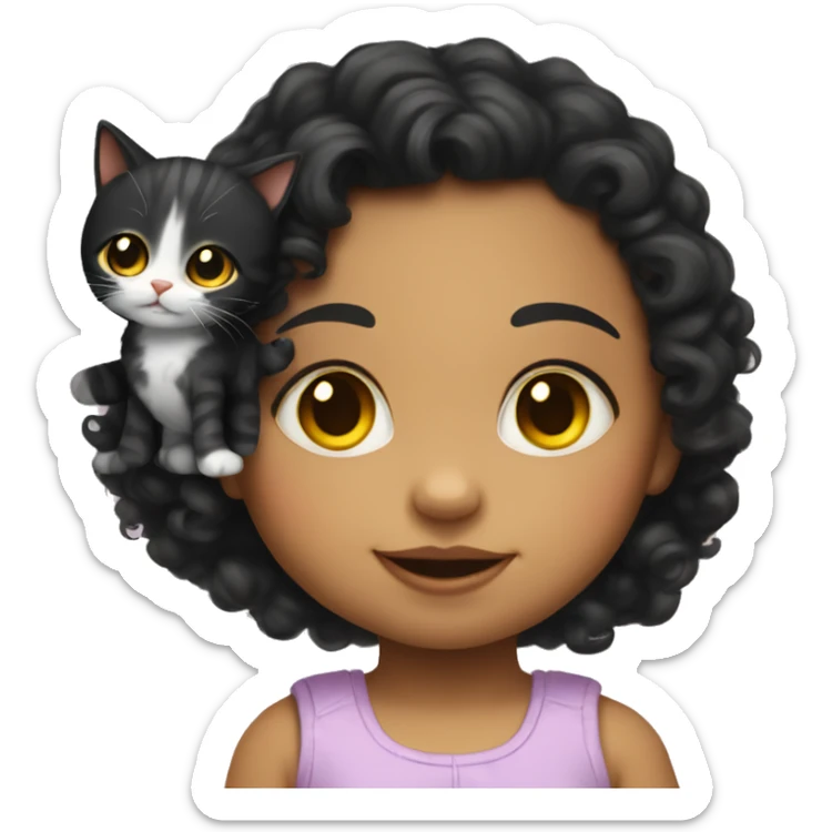 baby girl with shoulder-long black curly hair with yellow highlights and hold a cat sticker