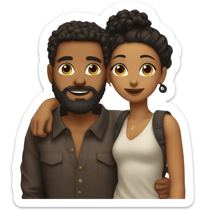 Tan man with dark brown man bun with taper fade and full beard giving dark brown curly haired thick tan woman a kiss sticker