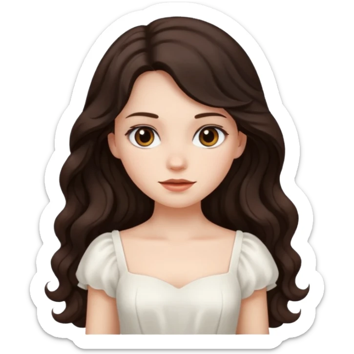 A girl in white with dark brown long wavy hair and very white skin sticker