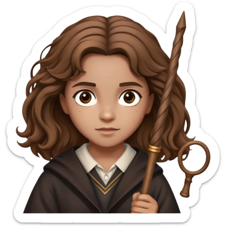 Hermione Granger from Harry Potter with bushy brown hair and wand sticker