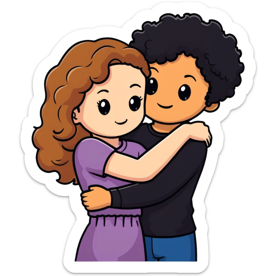 girl with long light brown hair and pale skin hugging a boy with short black curly hair and tanned skin sticker