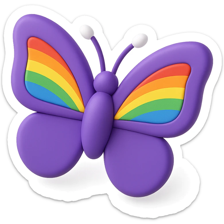 a butterfly with shiny purple wings with rainbow pride accents, 3D look sticker