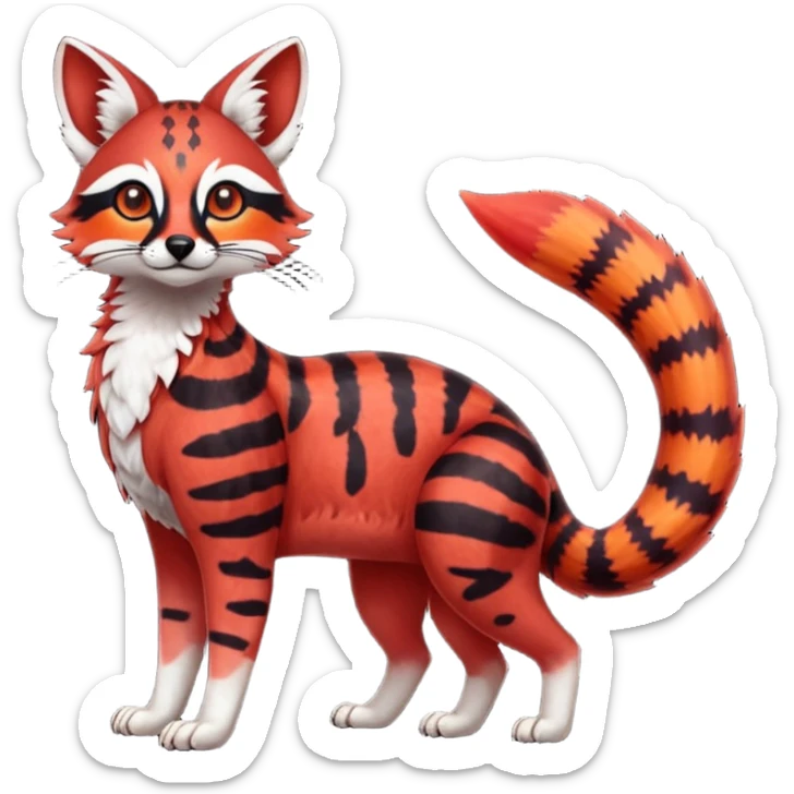 Rare realistic red burgundy sanguine orange black gradients lush tropical exotic cute epic pretty beautiful handsome gorgeous aesthetic colorful vibrant Vernid-Protogen-Primagen-Wickerbeast-Genet-Trico-species-Fakemon-hybrid-creature by LiLaiRa, beautiful intricate markings, full body sticker